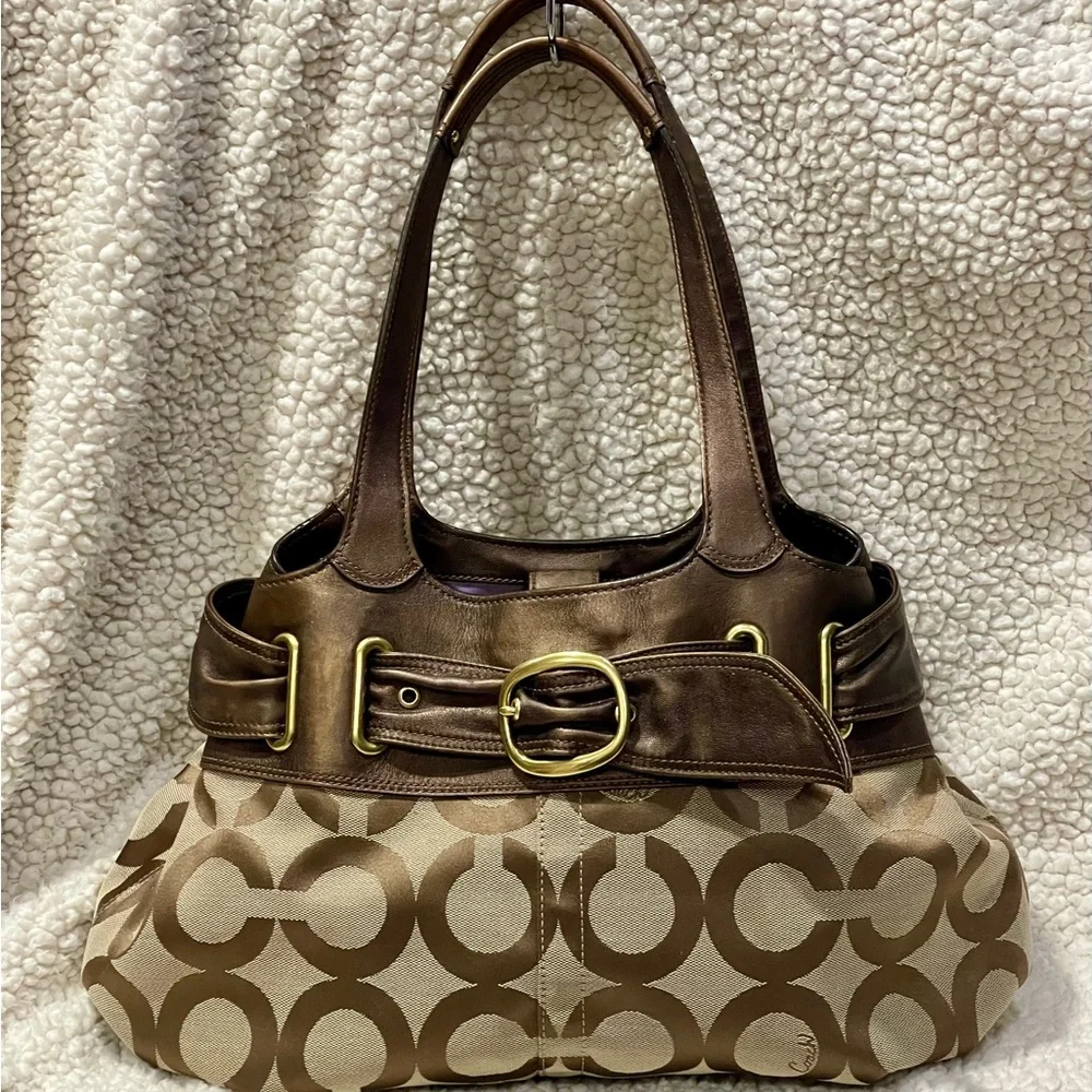 Coach Hobo Bronze Leather Signature Op Art Tote Bag With Hang Tags Y2K - Picture 4 of 16